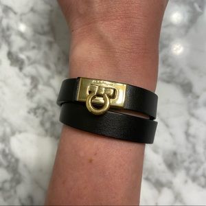 Salvatore Ferragamo Gancini Black Leather Wrap Bracelet